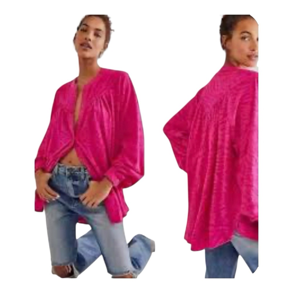Free People Can't Stop Dreaming Pink Textured Button Front Tunic‎ Blouse Size XS